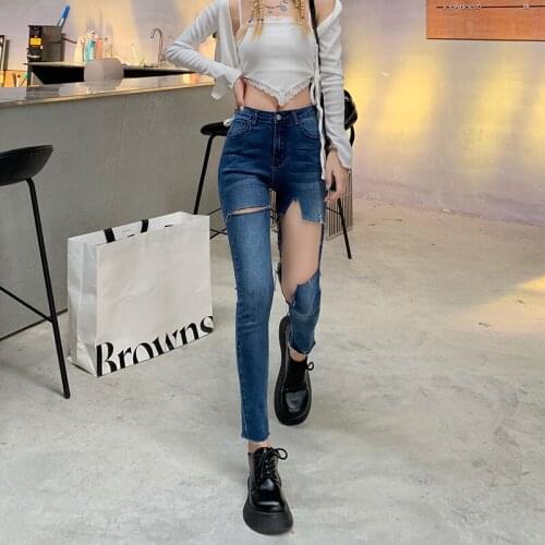 Jeans Female Summer New Thin Section Ripped High Waist Slim Fit Button Zipper Fashion Stretch Nine-point Pants Woman Pants ZM038