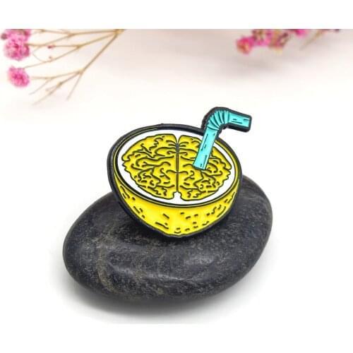 Yellow nut Enamel Brooch Walnut juice Milk drink Lapel Pin Blue straw Fashion creative Badge Gifts for friends