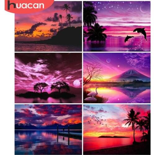 HUACAN Full Drill Diamond Painting Seaside Landscape Kits Diamond Mosaic Sunset Cross Stitch Bedroom Decoration