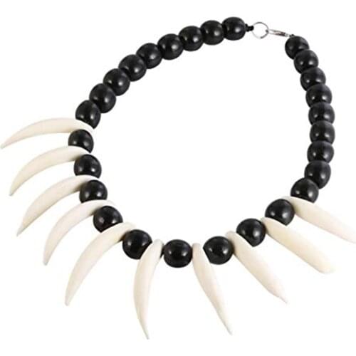 HZMAN Real White Wild Boar Tusks Wood Beads Necklace, Prehistoric Caveman Tribal Necklace