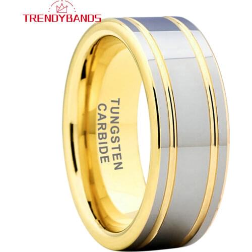 Gold 8MM Tungsten Carbide Ring For Men Women Wedding Band Domed Two Grooved Comfort Fit