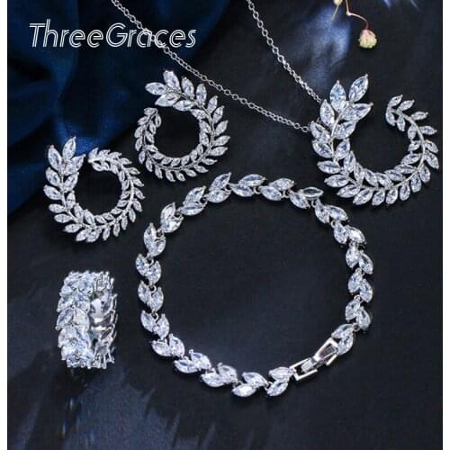 ThreeGraces Unique Design CZ Stone Sparkling Olive Branch Leaf Shape Rings Bracelets Earrings Necklace 4pcs Jewelry Sets JS253