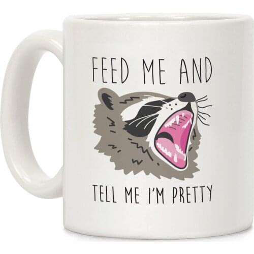 Feed Me And Tell Me I'm Pretty Raccoon White 11 Ounce Ceramic Coffee Mug