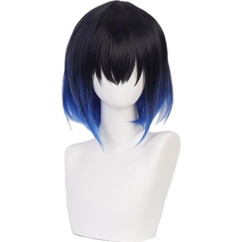 Hashibira Inosuke Short Blue Ombre Wig Demon Slayer Kimetsu no Yaiba Heat Resistant Hair Cosplay Costume Wigs + Free Wig Cap