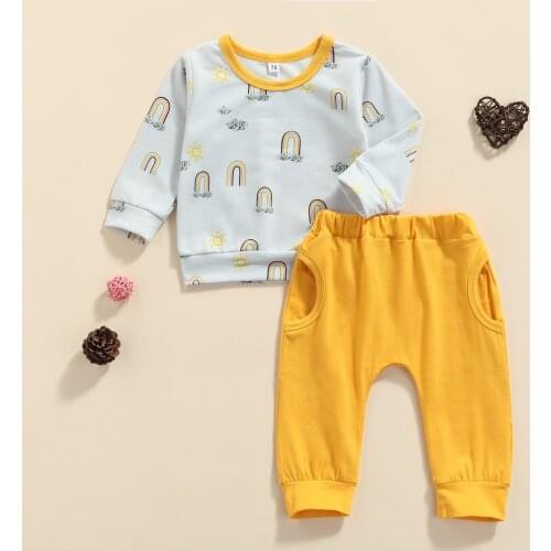 0-18M Baby Suit Set Newborn Infant Girls Boys Rainbow Print O-Neck Long Sleeve Pullover Long Pant 2pcs Sets Spring Fall Clothing