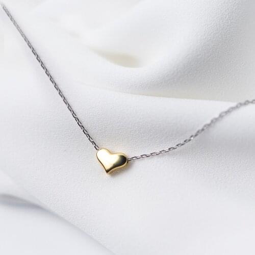 MloveAcc 100% 925 Solid Real Sterling Silver Jewelry Gold Heart Pendant Short Clavicle Necklace Cute Gift Girl Lady