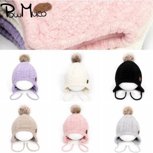 Powmuco New Autumn and Winter Warm Ear Protection Baby Girls Hats Fashion Handmade Knitted Wool Infant Cap Kids Hair Accessories