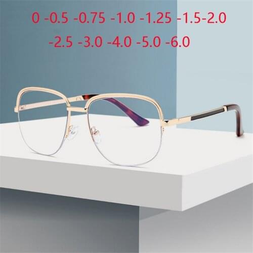 Anti-blue Light Semi-Rimless Myopic Lens Prescription Eyeglasses Women Fashion Metal Square Myopes Lunettes 0 -0.5 -0.75 To -6.0