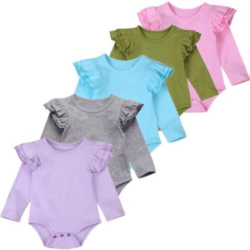 Infant Baby Girls Solid Ruffles Cotton Romper Long Sleeve Outfits Jumpsuit Clothes Baby Clothing
