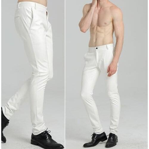 Autumn faux leather pants mens feet pants fashion motorcycle tight pu trousers for men personality pantalon homme white