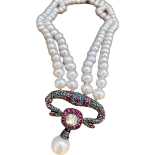2STRANDS freshwater pearl necklace white near round 8-9mm FPPJ unique pendant necklace