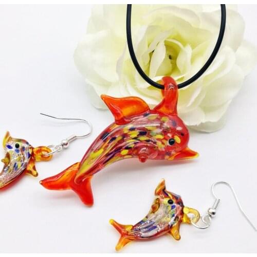 1Set Chinese Style Glass Murano NEW Trendy Creative DIY Red Love Dolphin Pendant Necklace For Women Animal Charm Jewelry Gift