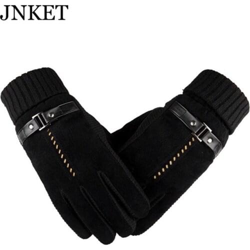 JNKET Mens Genuine Pigskin Leather Gloves Knitting Gloves Outdoor Winter Skiing Gloves Skidproof Gloves Warm Plush Lining