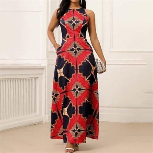 African Clothes for Women Dashiki Print Dress European Clothing Plus Size Bazin Rich Sleeveless Fashion Round Neck Maxi Vestido