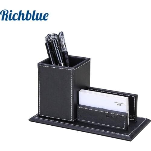PU Leather Pen Pencil Stand Marker Storage Box Organizer Case & Business Card Display Stand Pen Holders Office Supplies