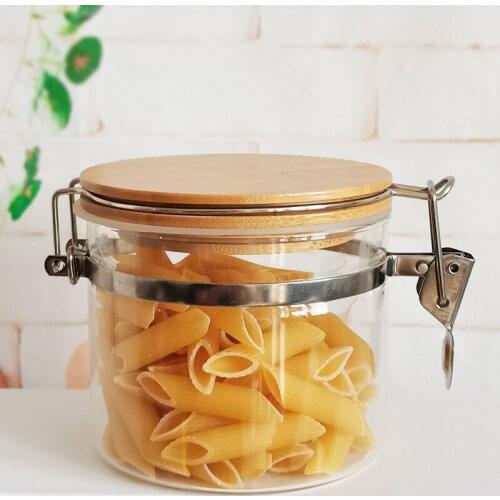 High Borosilicate Glass Storage Tank with Bamboo Cover, Grain Storage Bottle, Stainless Steel Buckle Sealed Tank