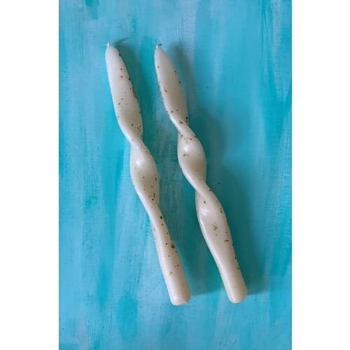 Mysterious Home 2 Li Cream Gold Glitter Detailed Twist Knot Candlestick Candle