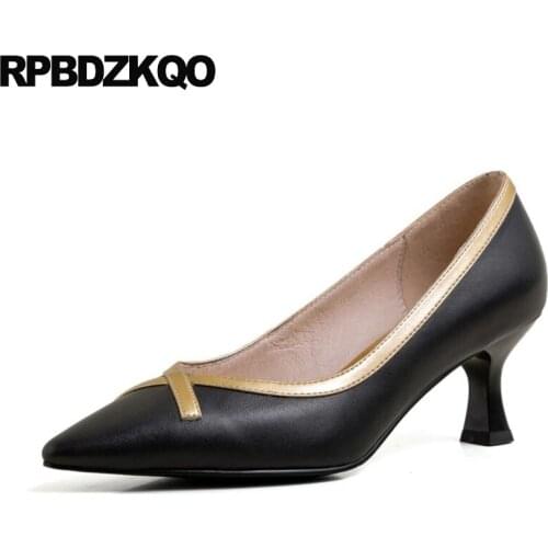 Pointed Toe Stiletto Pumps Scarpin Genuine Leather Medium Heels Luxury Brand Women Shoes 2021 Beige Casual Black New Size 4 34
