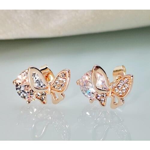 Rongyu Japanese Light Jewelry Take Up Butterfly Small Fresh Earrings with Diamonds and Zircon Earrings Jewelry Wholesale