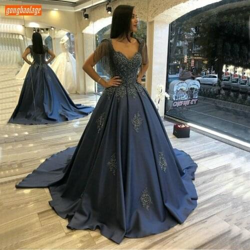 Fashion Dark Navy Evening Dresses Long Appliqued Beaded Lace Up Satin Party Formal Dress Women Pageant Custom Made Evening Gowns