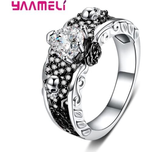 Claw-set Female Ring Round Flat Black Ring Crystal Stone Skull Face 925 Sterling Silver Accessories Party Jewelry