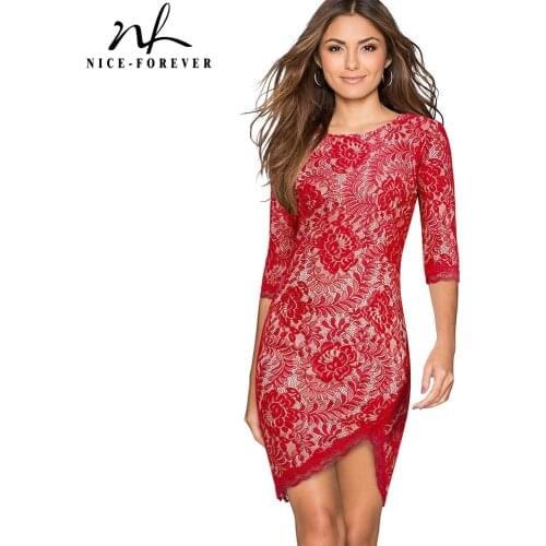Nice-forever Spring Women Fashion Red Lace Sexy Shortest Dresses Party Bodycon Slim Fitted Vintage Dress btyB205