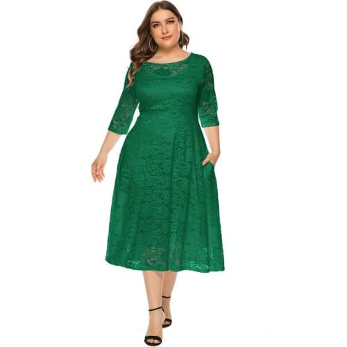 Hook Flower Lace Women Dress 2021 Vintage Elegant Banquet Party Night Dress Sexy Hollow Out 3/4 Sleeve Pocket Black Mesh Dresses