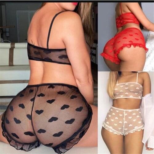 Womens Perspective 2Pcs Lace Lingerie Set Heart Printed Bustier Sling Tops with Ruffled Lace Decorations Boxer Briefs Underwear