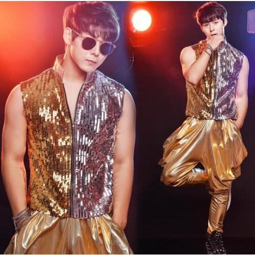 Gold mens clothing stand collar punk rock clothes paillette mens sequins vest costume singer dance stage fashion plus size 3XL