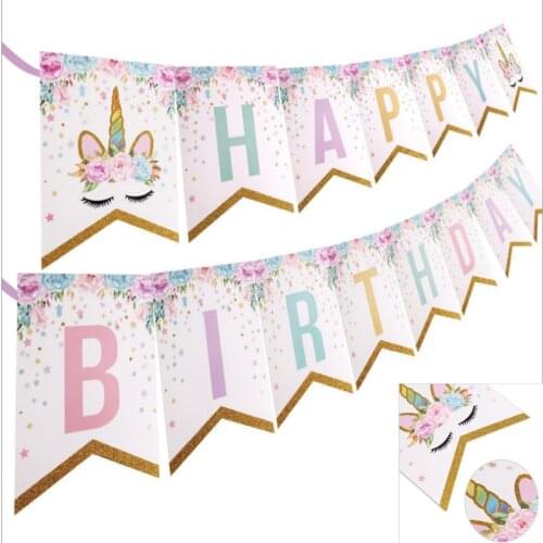 1 set of unicorn party happy birthday 15 pcs flag Banner party decorations decoration pennant unicorn house decoration
