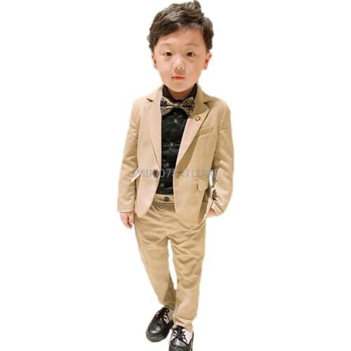 Kids Formal Blazer Jacket Pants 2Pcs Flower Boys Wedding Suit Tuxedos Children Host Dance Party Performance Dress Costume