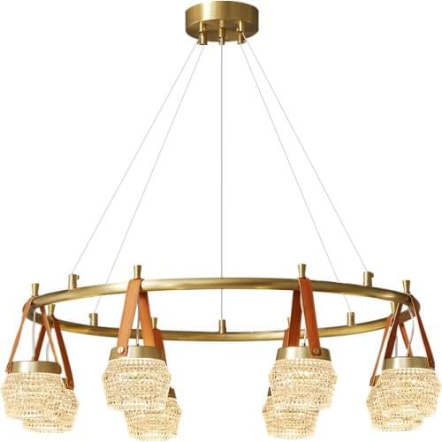 2021 Luxury Copper Chandeliers PMMA Lampshade Round Parlor Restaurant Bar Leather Decoration Suspension Lights LED Dimmable Lamp
