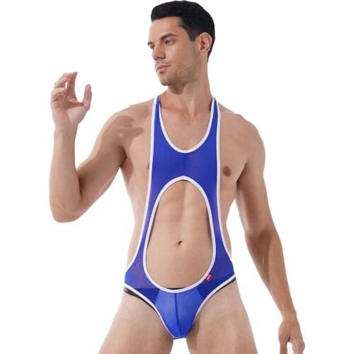 Plus Size Bodysuit Men Hollow Out Sleeveless See-Through Mesh Fitness Wrestling Singlet Leotard Bulge Pouch Skinny Jumpsuit Home