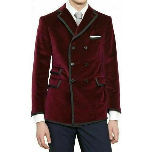 Burgundy Velveteen Double Breasted Causel Blazer With Black Pants Slim Fit Mens Suits For Wedding Custom Made Tuxedos 2021