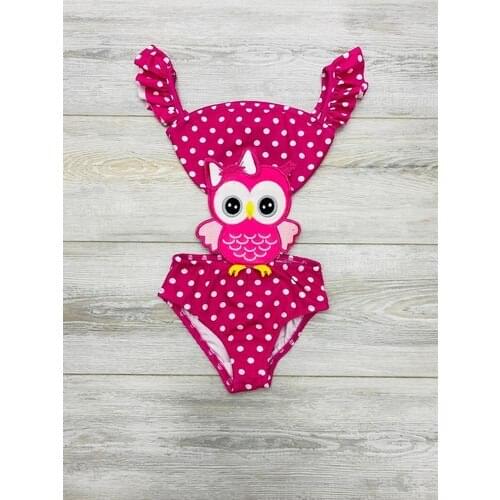 Lolli Boom Kids Girl Children Swimsuit Cute Owl Themed Dark Pink Sleeve Frilly-Last Seasons Costume Swimwear