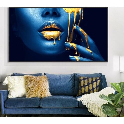 Blue and Gold Sexy Lips Oil Painting on Canvas Beauty Makeup Art Cuadros Posters and Prints Wall Art Picture for Living Room