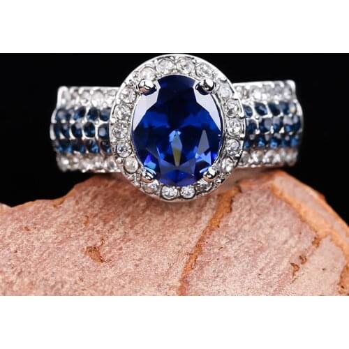 Luxury Oval Royal Blue CZ Stone Ring Silver Plated Crystal Finger Rings for Women Gift Wedding Party Charm Jewelry Accessories