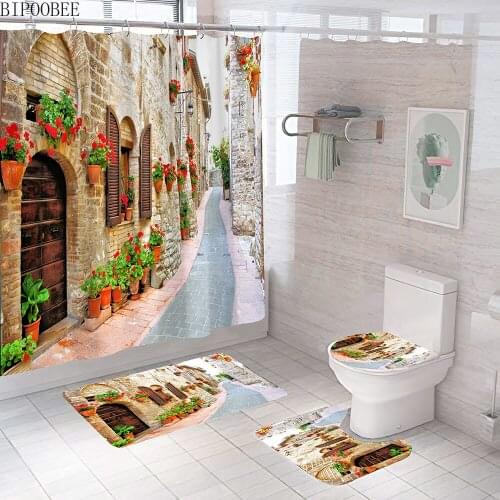 Beautiful Street Scenery 3D Shower Curtain Set Bath Mats Rugs Flannel Toilet Lid Cover Non-Slip Carpet Modern Bathroom Curtains