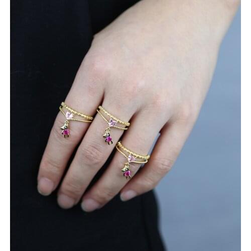 Lovely Heart Bear charm Rings Open Adjustable gold color Ring for Women Girl red pink heart cz paved Finger Ring Party Jewelry