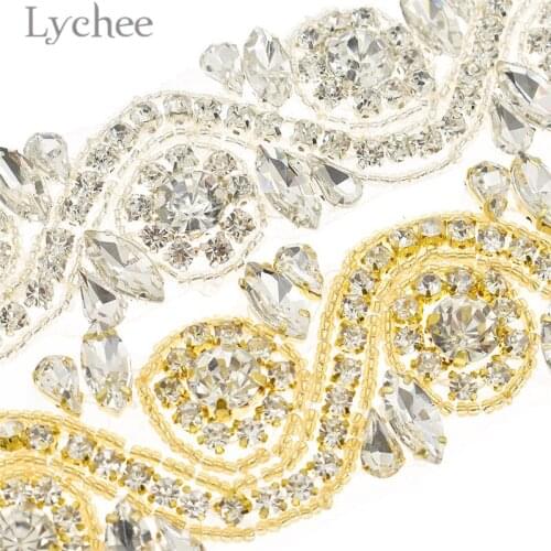 Lychee Life 1Yard Bridal Rhinestone Lace Trim Silver Gold Color Crystal Lace Ribbon DIY Sewing Material Supplies