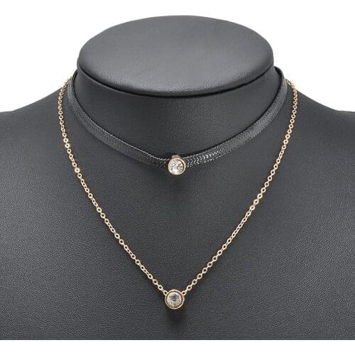 Multilayer black Leather Band Chocker necklace Rhinestone Necklace Pendant Chains Gothic Choker collare mujer collier ras du cou