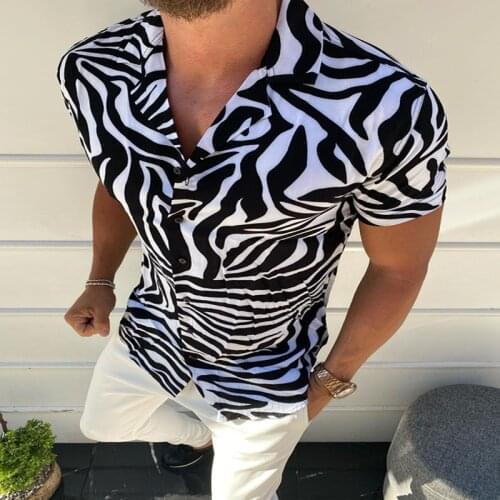 NEW Men Striped Shirt Casual Lapel Neck Short Sleeve Button Shirt Black White Print slim fit Streetwear Vacation Blouse Chemise