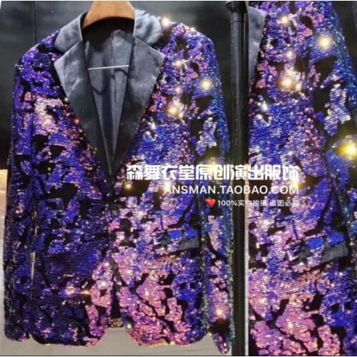 Nightclub New Male Singer Dj High-end Party Blazer Blue Sequins Shining Personality Mens Suit Jackets Men Costume Suits M-5xl