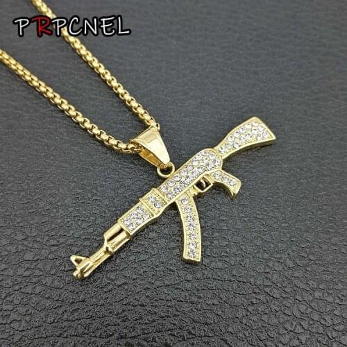 AK47 Gun Stainless steel Pendant Necklace Iced Out Rhinestone With Hip Hop Miami Cuban Chain Gold Silver Color Men Women Jewelry