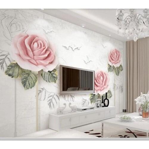Papel de parede Pink embossed rose flying bird sketch 3d stereo wallpaper,living room bedroom wall papers home decor mural