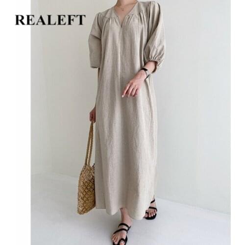 REALEFT Summer 2021 New Cotton Linen Solid Womens Long Dress Puff Sleeve High Waist Loose V-Neck Female Vintage A-Line Dress