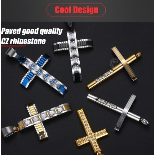 Davieslee Cross Pendant for Men Paved with Clear Rhinetones Carved Gold Black Silver Color Stainless Steel Mens Pendant LKPP2