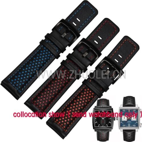 Cow leather watchband 22mm black with red orange blue stitches hole Genuine leather strap for mens band with PVD black clasp