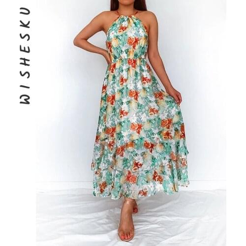 Floral Printed Long Dress Women Sexy Halter Lace Up Sleeveless Sundress Holiday Beach Elagant Robe 2021 Summer Boho Clothes