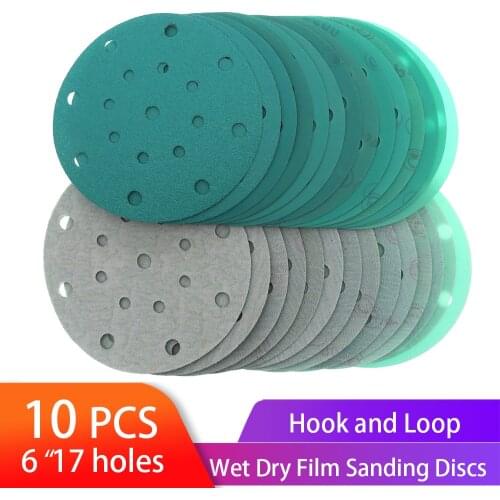 6 Inch Sanding Discs 17 Holes Wet Dry Film-Backed Green Line Hook and Loop Dustless for Woodworking or Automotive